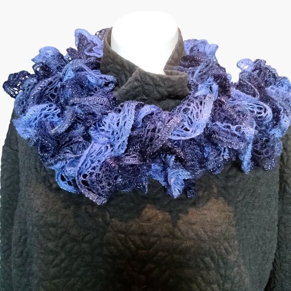 Handmade Ruffled Scarf Blue Lightweight Lacey Crochet - Picture 2 of 6